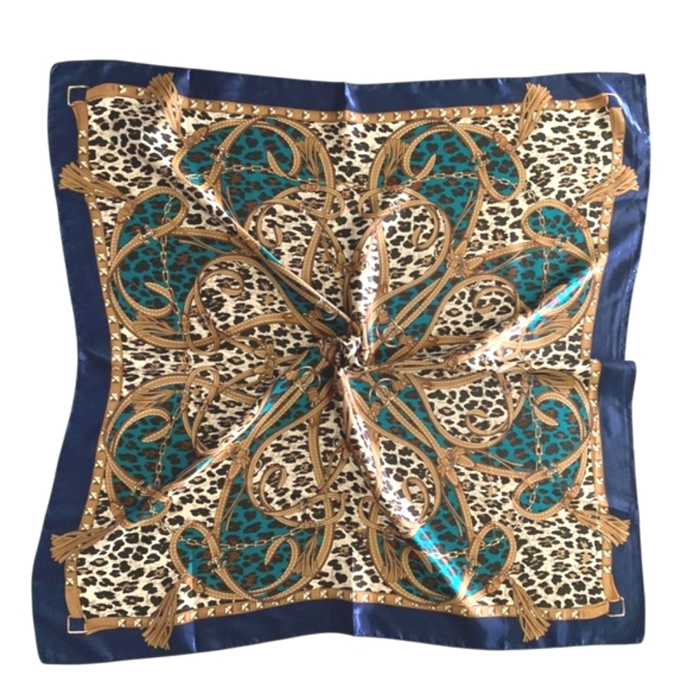 Leopard Chain Print Satin Neck Scarf Oversized Square Navy Gold Equestrian 💖